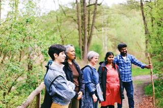 A group of people from different continents standing on a small wooden bridge over a river in the forest, smiling and looking at something. A person from India leans on a large branch held in their hand