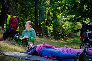 Forest clearing where former wheelchair users are now lying on mats. A forest therapy guide sits on the ground with an open book on her lap, as if reading a story to them.