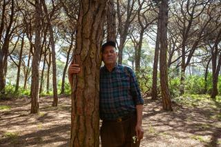 Among grass in a sunny forest with shadows from branches, an older man stands in the center, hugging a tree with his right arm, leaning against it with closed eyes.