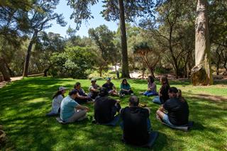 On green grass in a Mediterranean-like setting, among trees, a group of people sits in a circle.